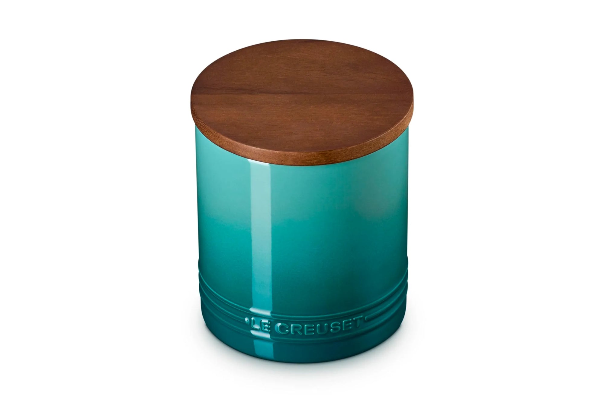 Riviera 16oz Le Creuset Stoneware Signature Canister with a wood lid on a white background