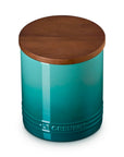 Riviera 16oz Le Creuset Stoneware Signature Canister with a wood lid on a white background