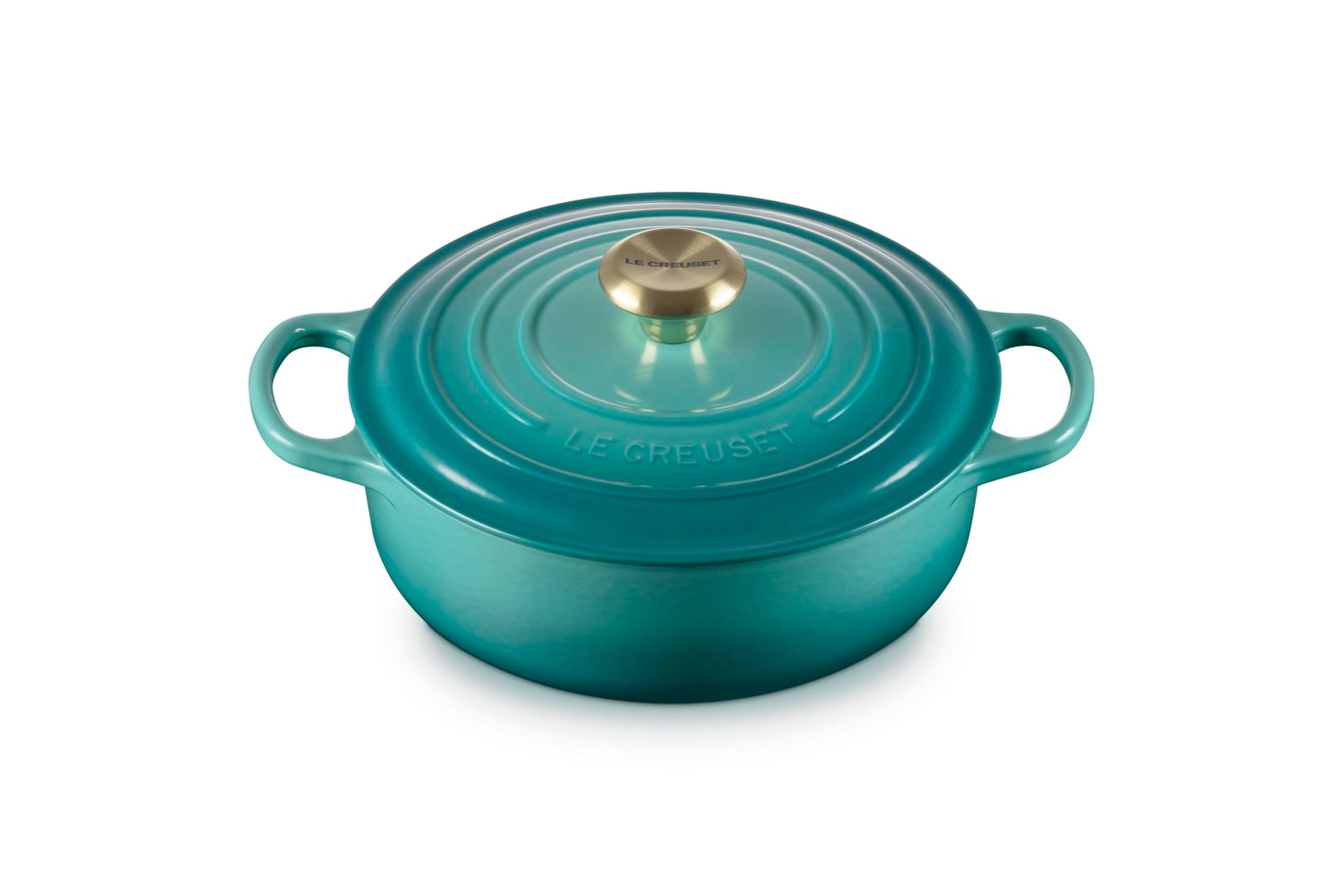 3.5 qt riviera Le Creuset Signature Round Wide Dutch Oven with a lid displayed on a white background