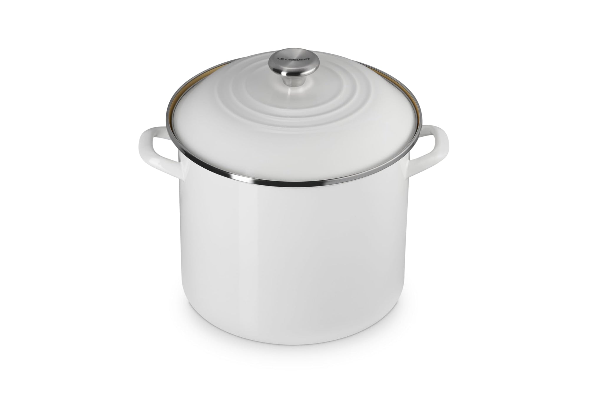 White stock pot and white lid on a white background