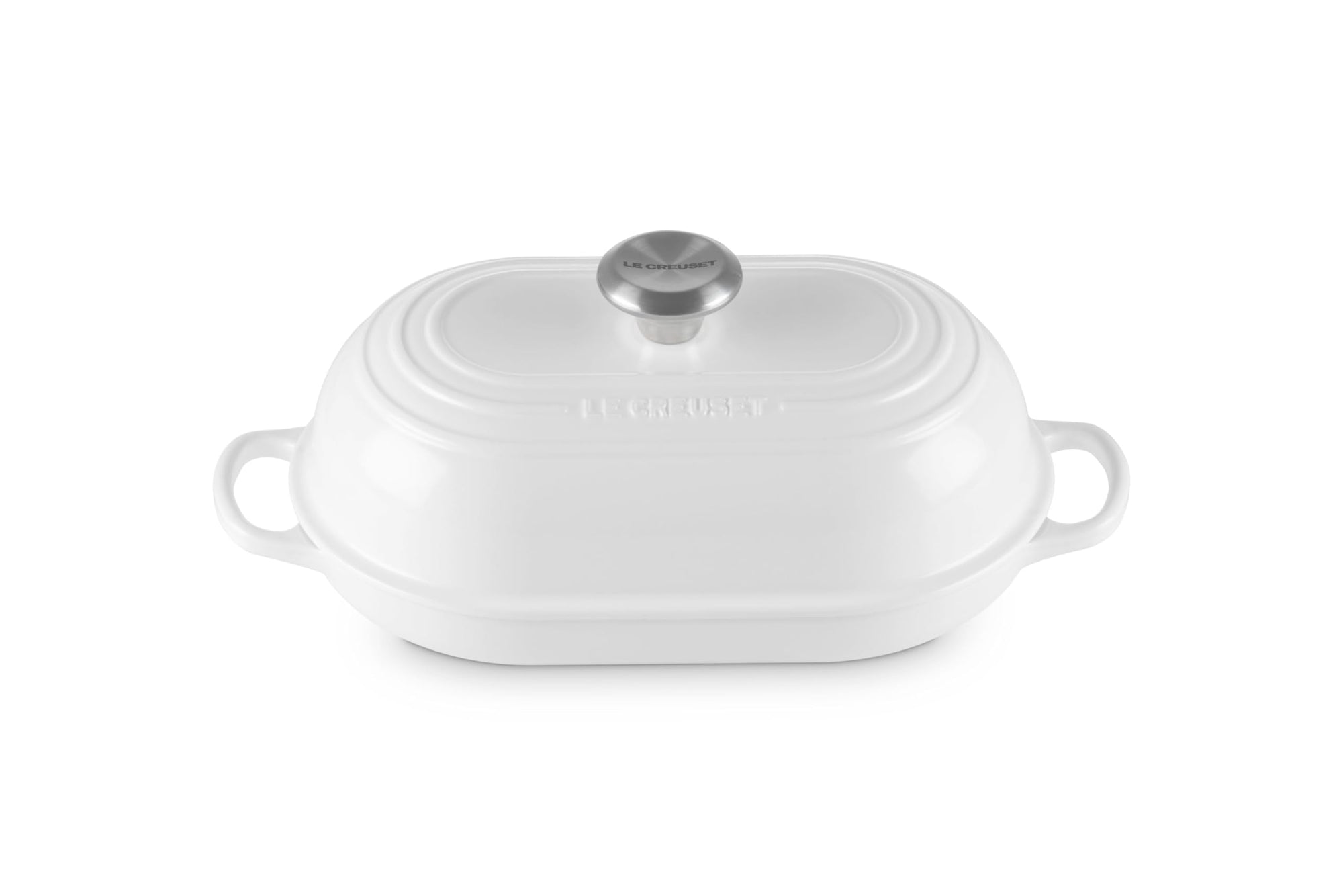 White bread oven pan with lid and handles displayed on a white background