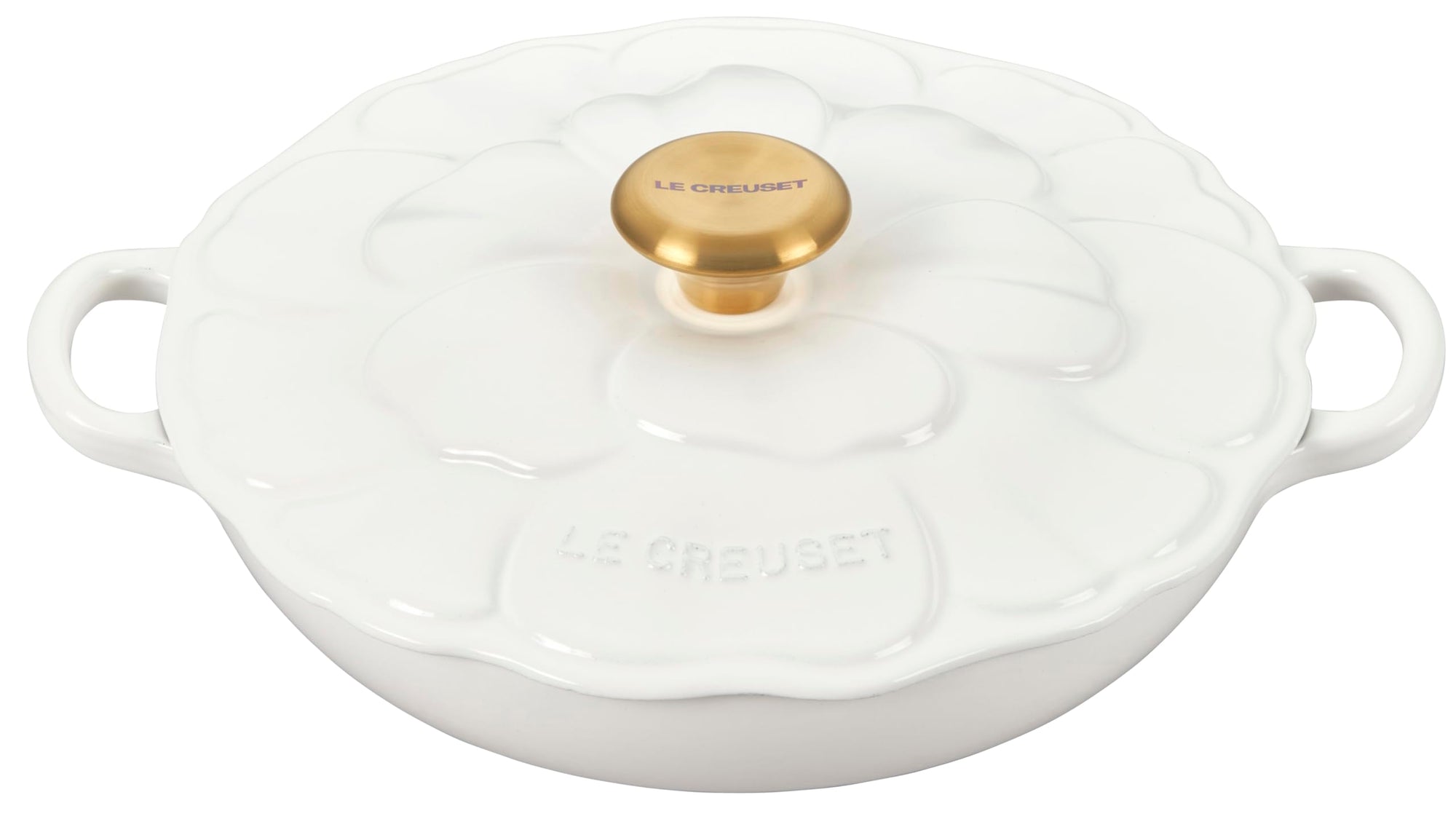 White enameled cast iron cookware with a gold knob on a white background