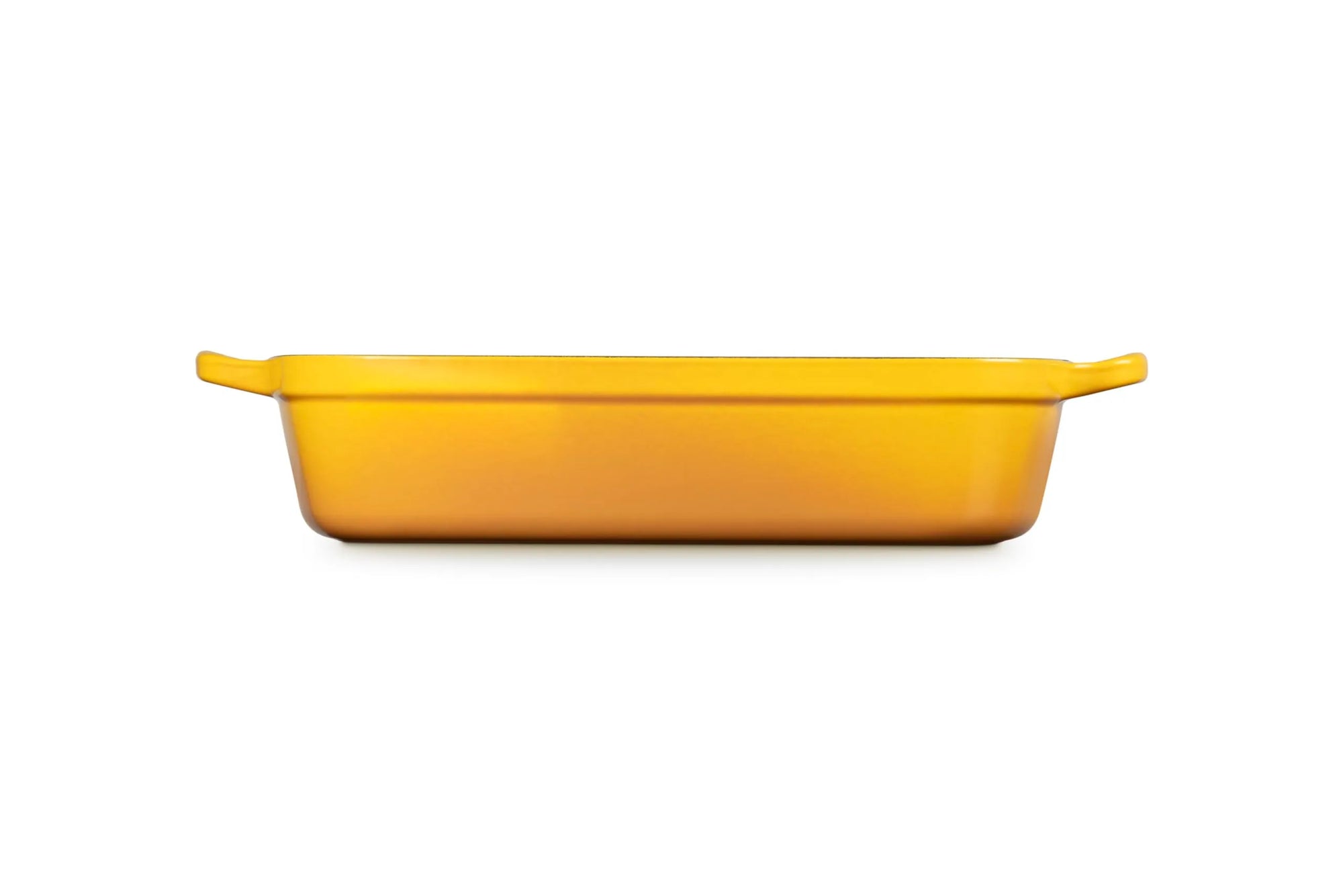 A rectangular yellow casserole dish with side handles, shown from a front-facing perspective on a solid white background.