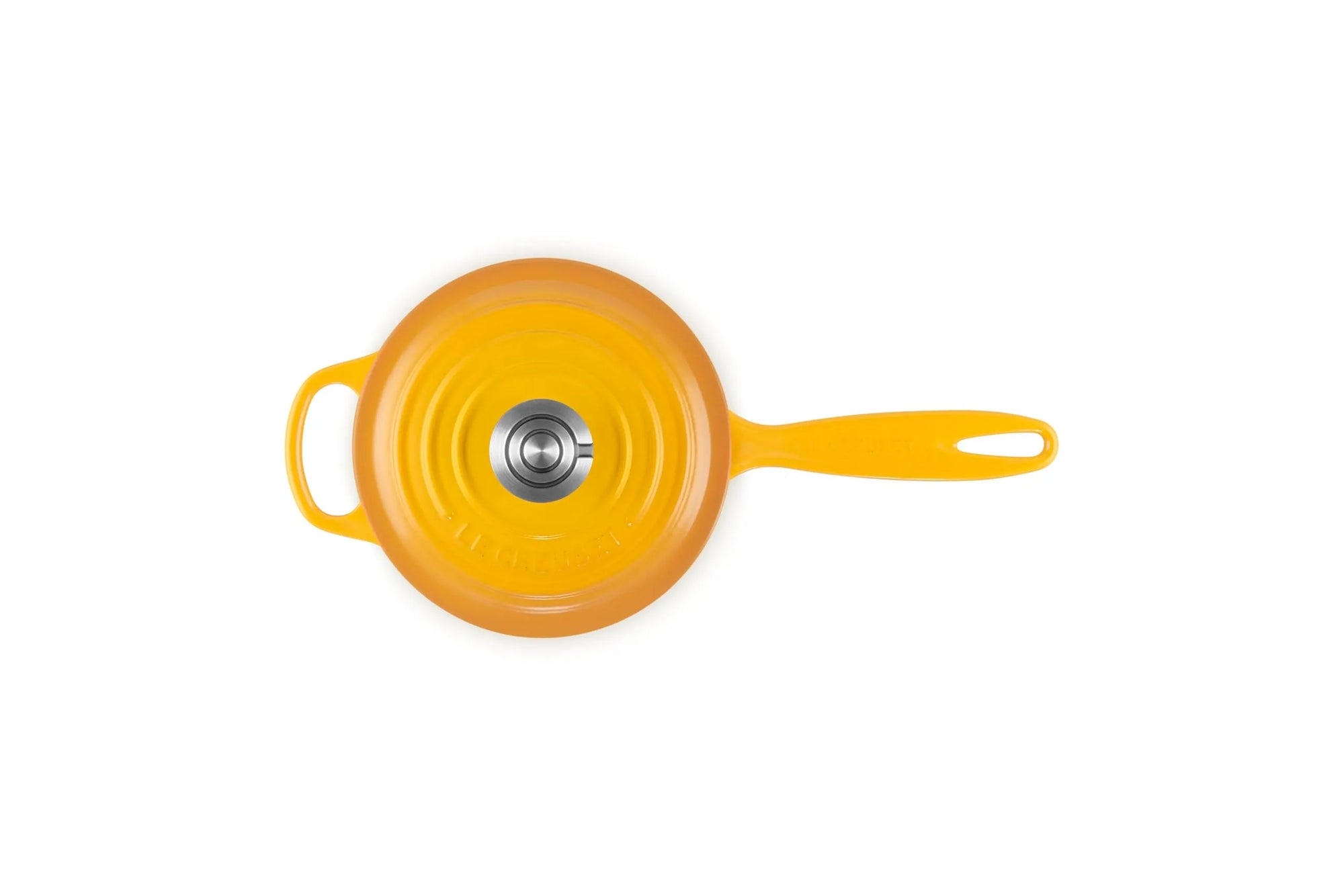 A bright yellow enameled cast iron Dutch oven with a matching lid, featuring a long handle and a small side loop, photographed from directly above on a white background.