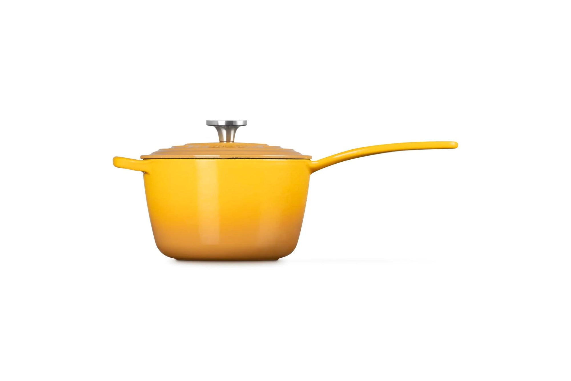 A yellow enameled saucepan with a matching lid and long handle, shown on a clean white background.