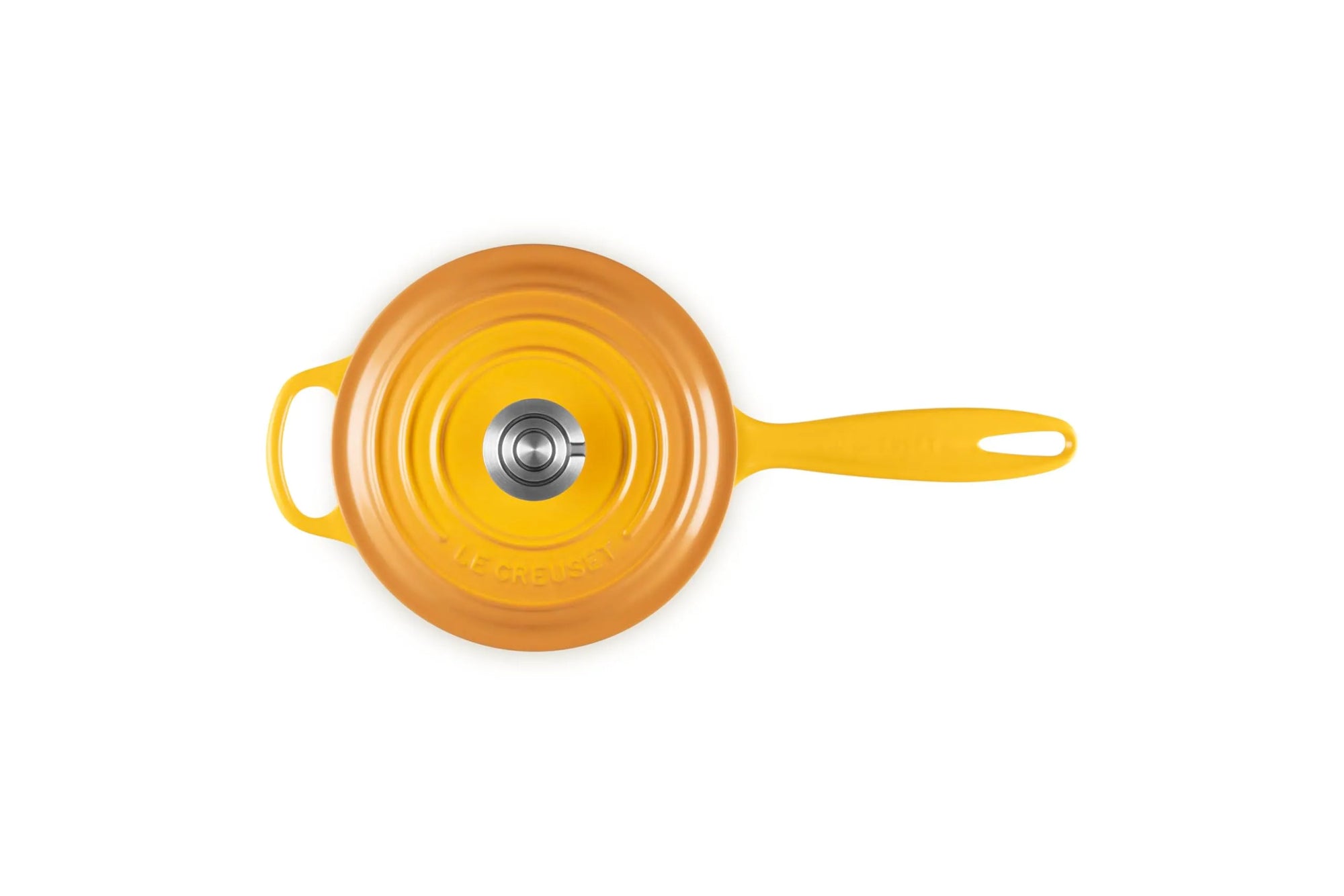 A bright yellow cast iron Dutch oven with a lid, shown from a top-down view on a solid white background.