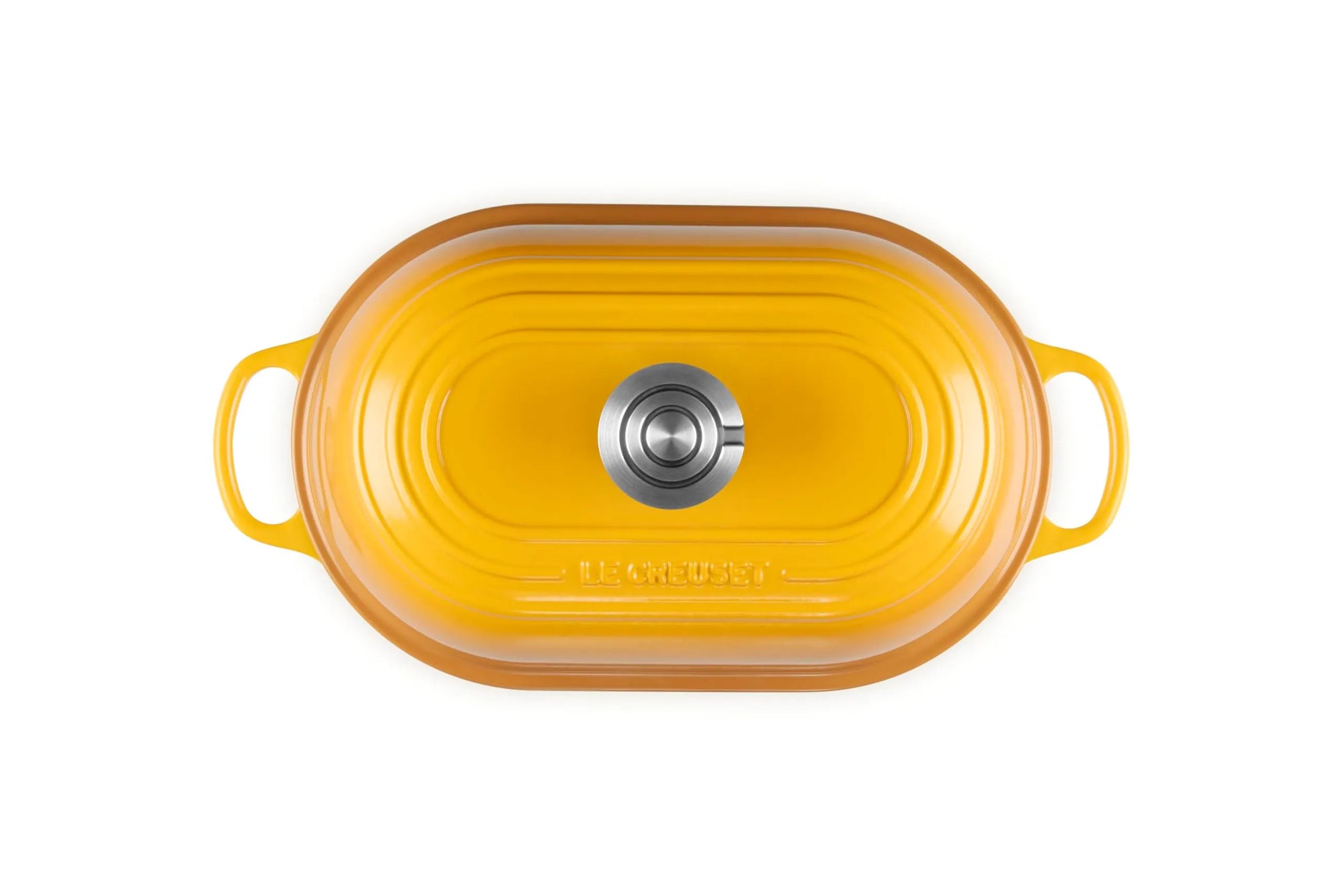 Top-down view of a yellow enameled cast iron Dutch oven with a matching lid, featuring side handles and a stainless steel knob, on a white background.