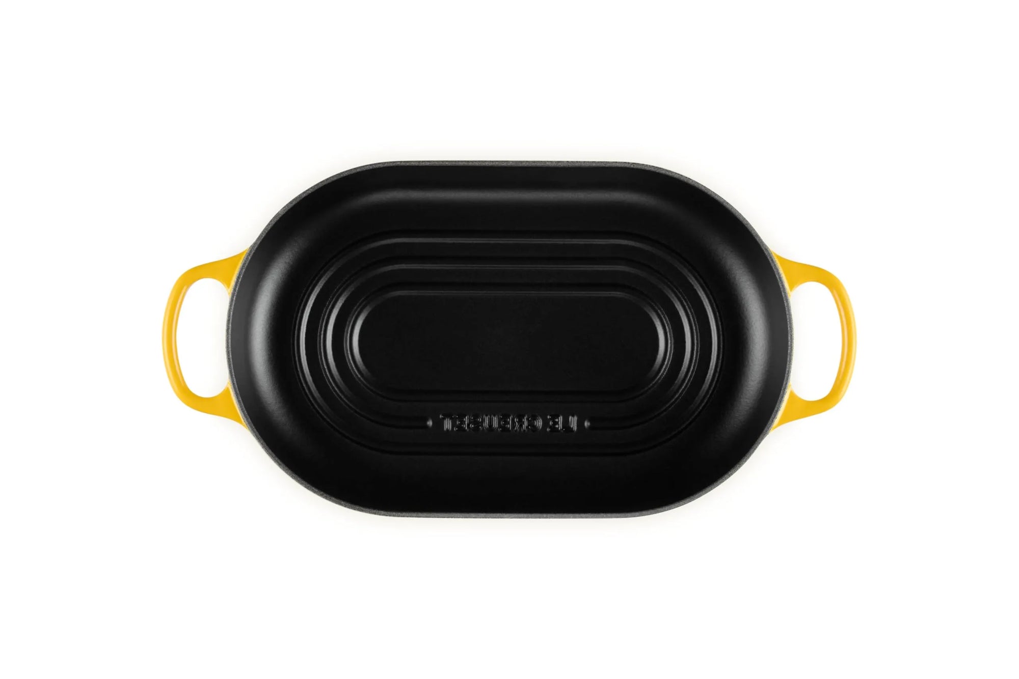 A black oval cast iron skillet with bright yellow handles, shown from a top-down view on a solid white background.