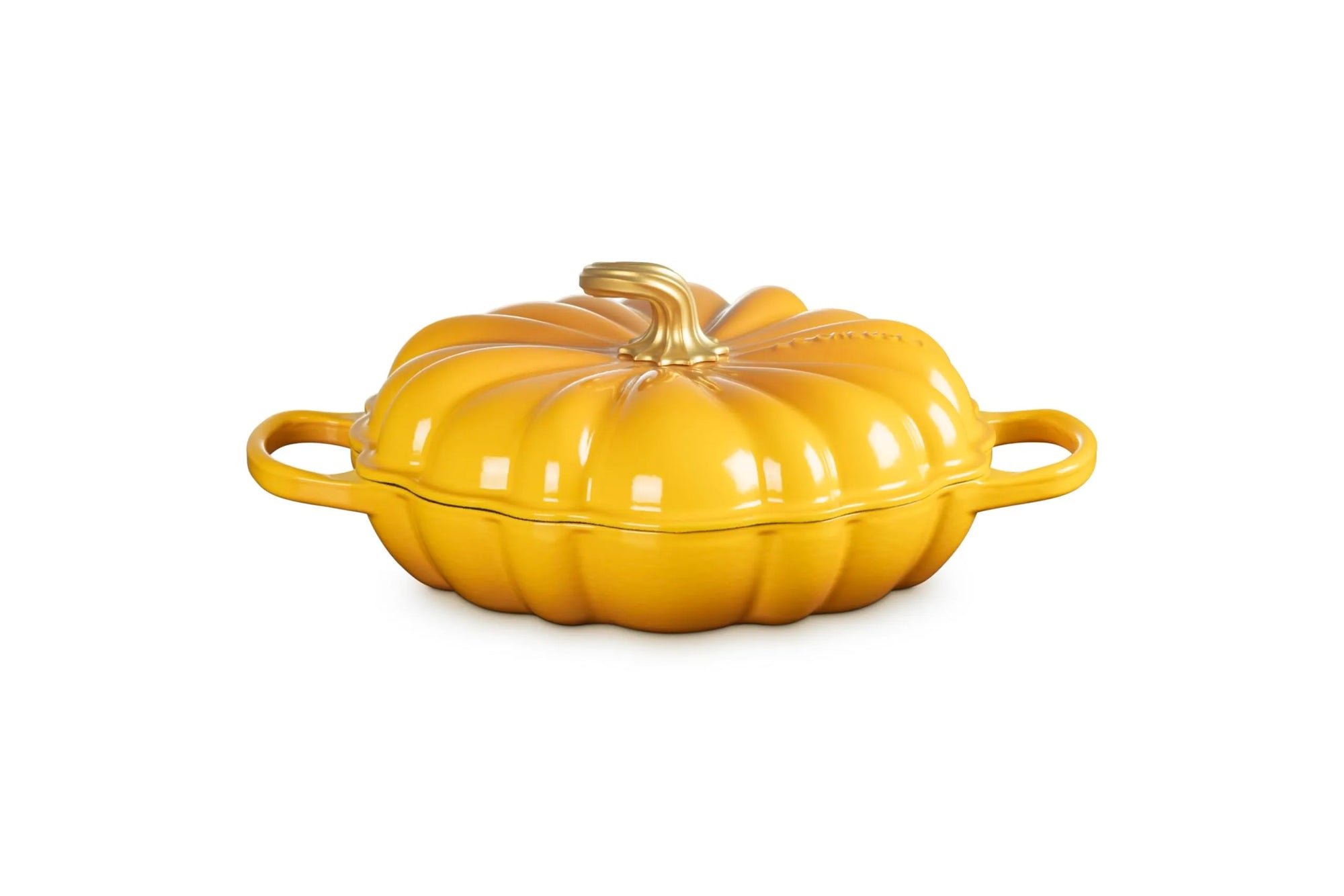 A bright yellow pumpkin-shaped enameled cast iron Dutch oven with a matching lid and side handles, shown on a clean white background.