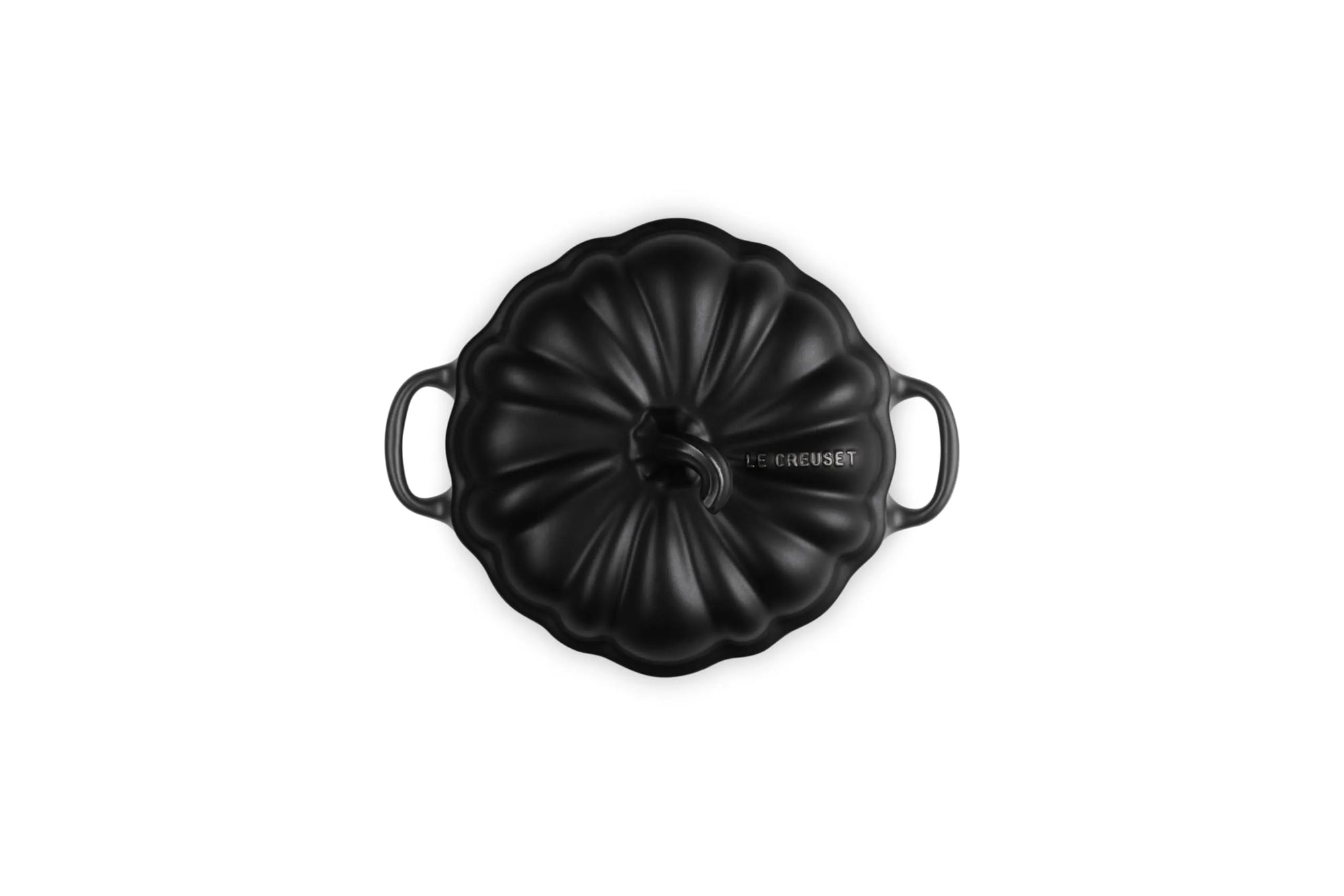 A black enameled cast iron Dutch oven lid with a ribbed pumpkin-like design and side handles, shown from a top-down view on a white background.