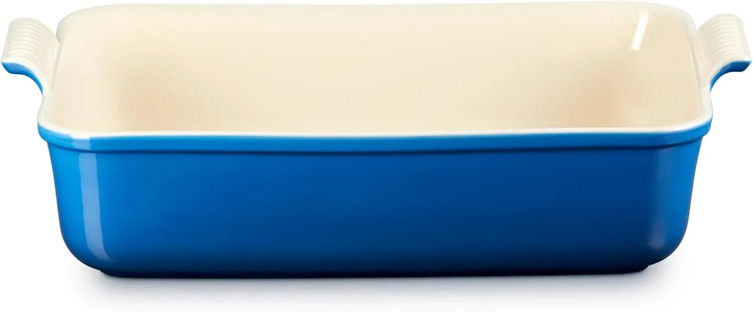 Rectangular ceramic baking dish with handles in blue and beige