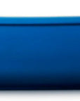 Side view of a blue rectangular baking casserole dish with two small loop handles on the sides, shown from a front-facing perspective on a solid white background.