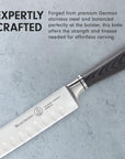 Knife with text about its craftsmanship and materials on a gray background