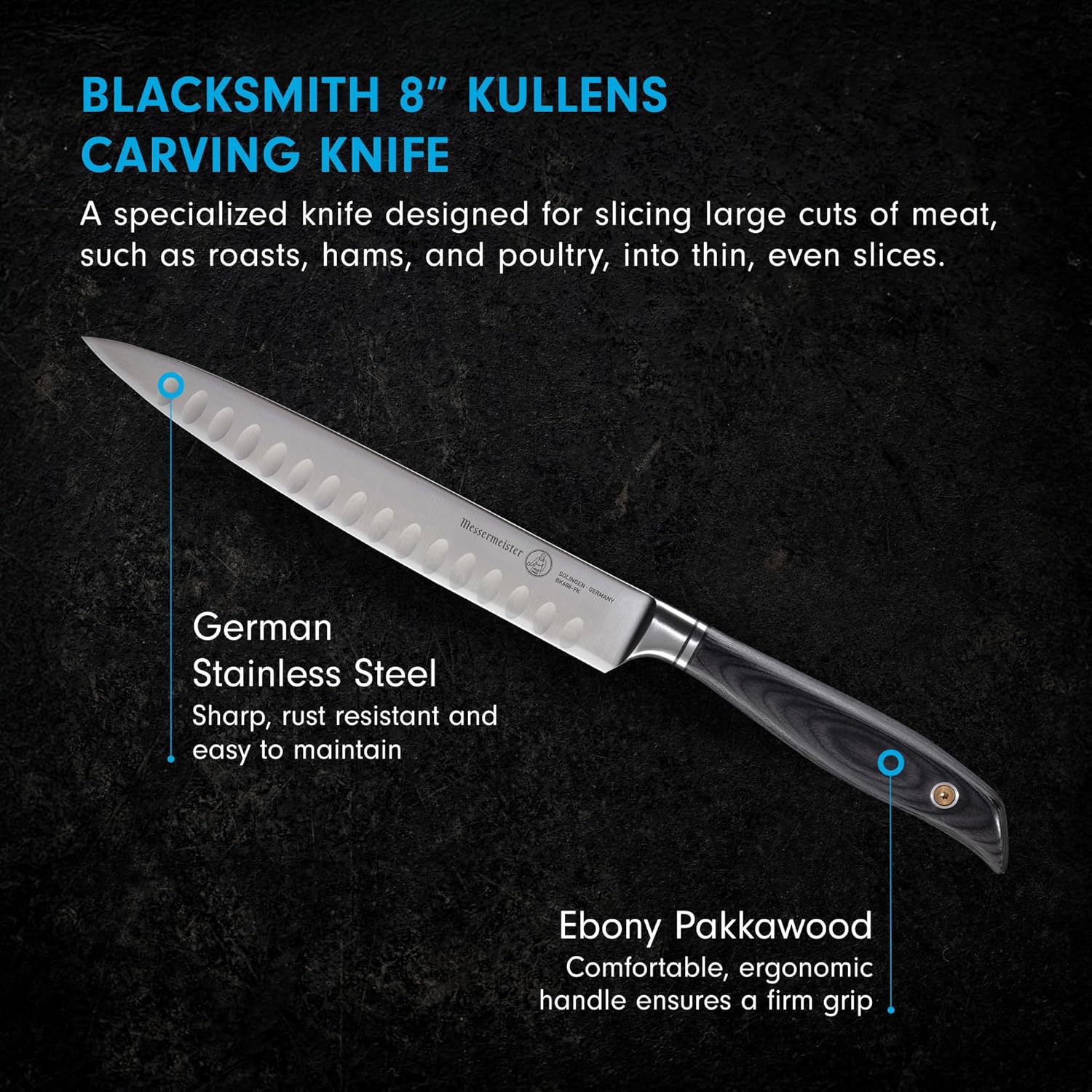 Blacksmith 8" Kullens carving knife with text on a dark background