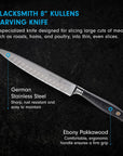 Blacksmith 8" Kullens carving knife with text on a dark background