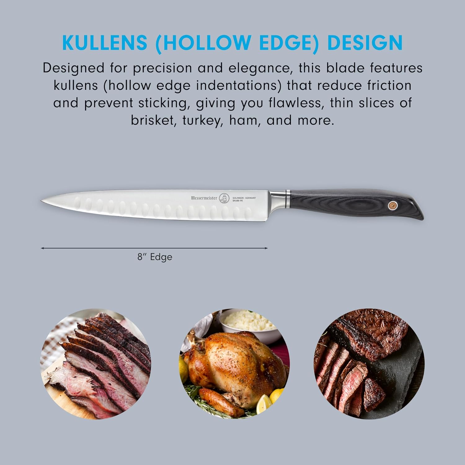 Knife with kullens design on a gray background, showcasing sliced meats and a roasted turkey with text.