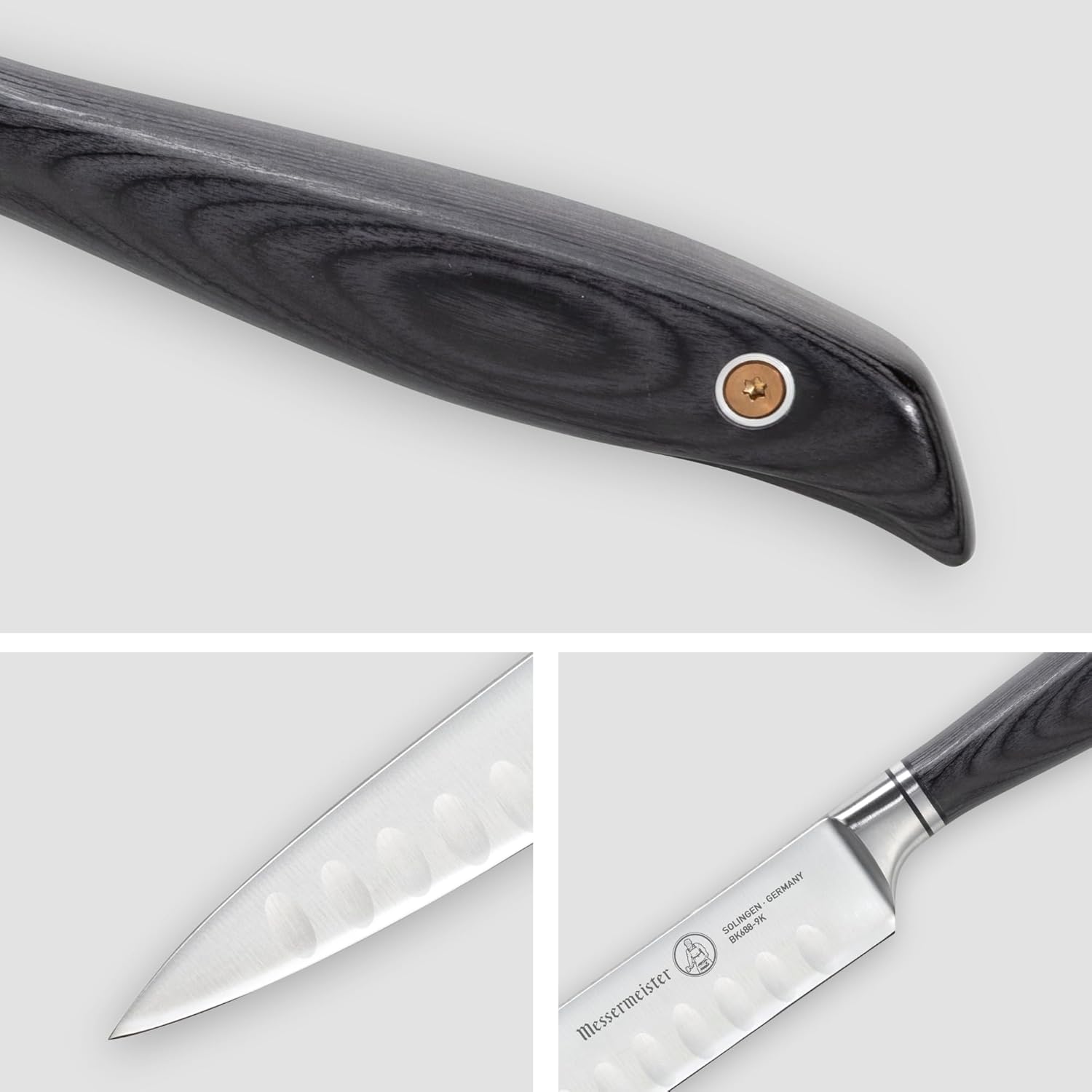 Collage of a knife with a black handle and silver blade on a white background