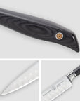 Collage of a knife with a black handle and silver blade on a white background