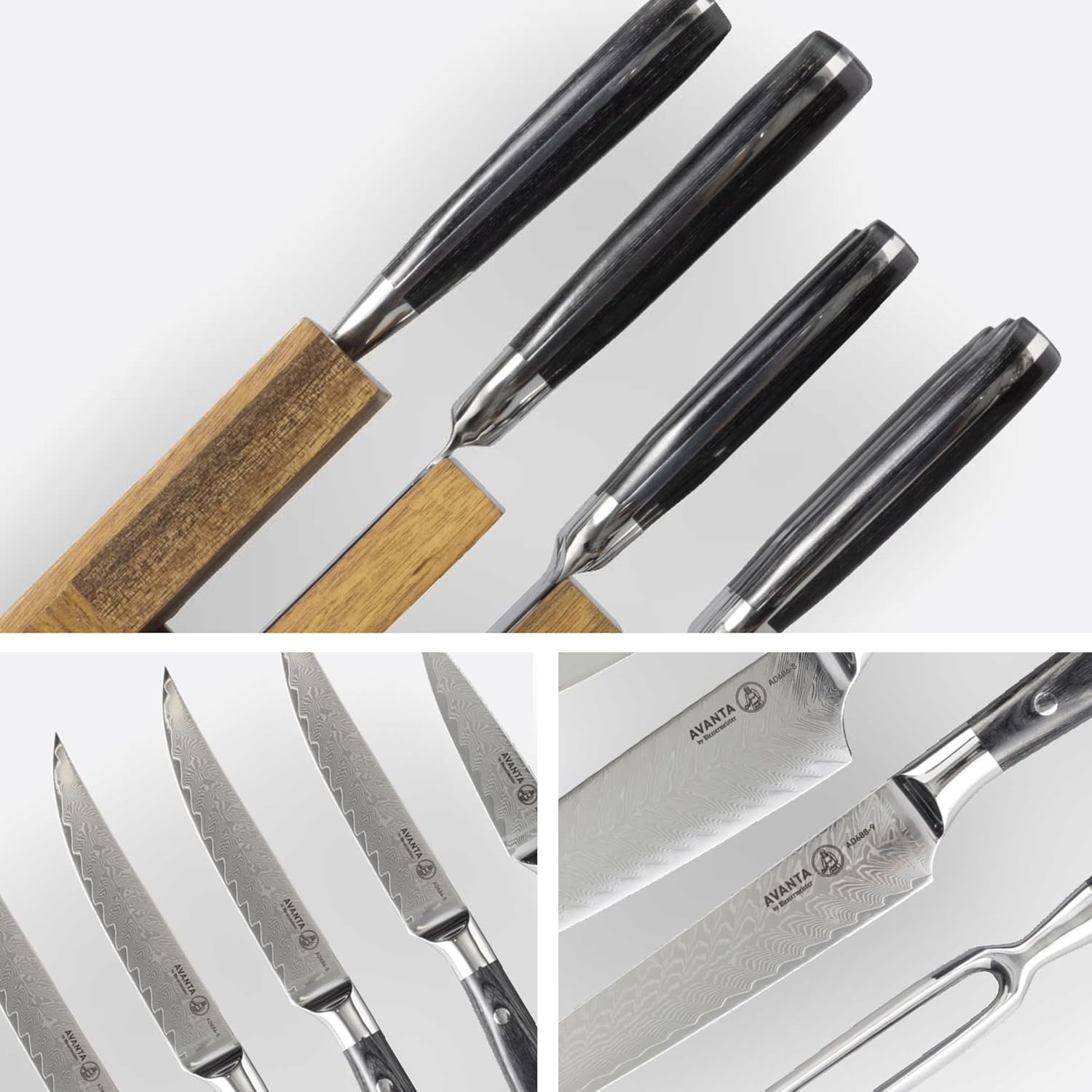 Collage of knives with wooden handles and metal blades on a white background