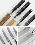 Collage of knives with wooden handles and metal blades on a white background