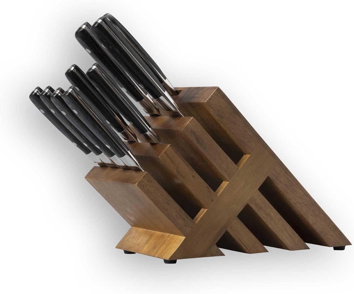 Set of knives in a wooden block on a white background
