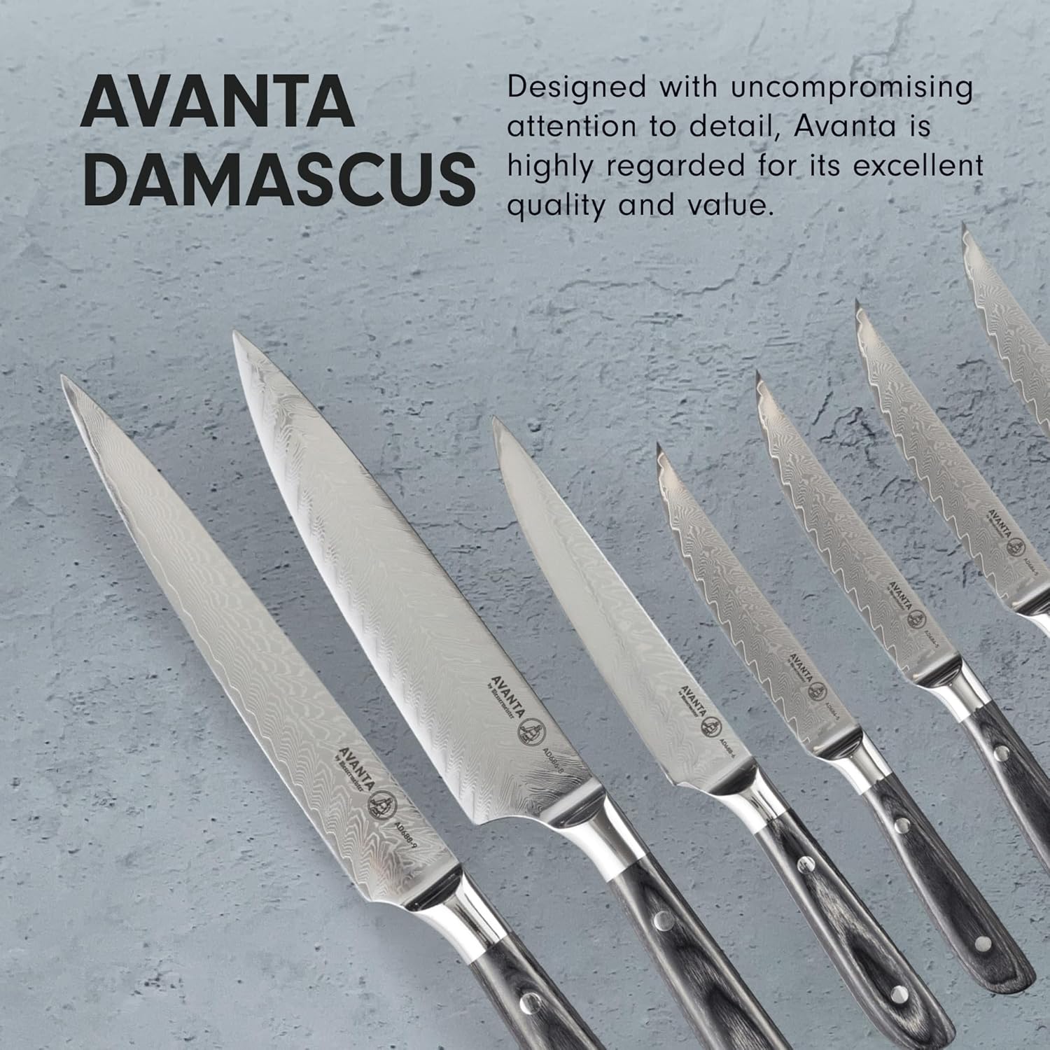 Set of knives with 'Avanta Damascus' branding with text on a gray background