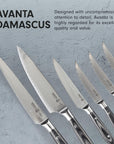 Set of knives with 'Avanta Damascus' branding with text on a gray background