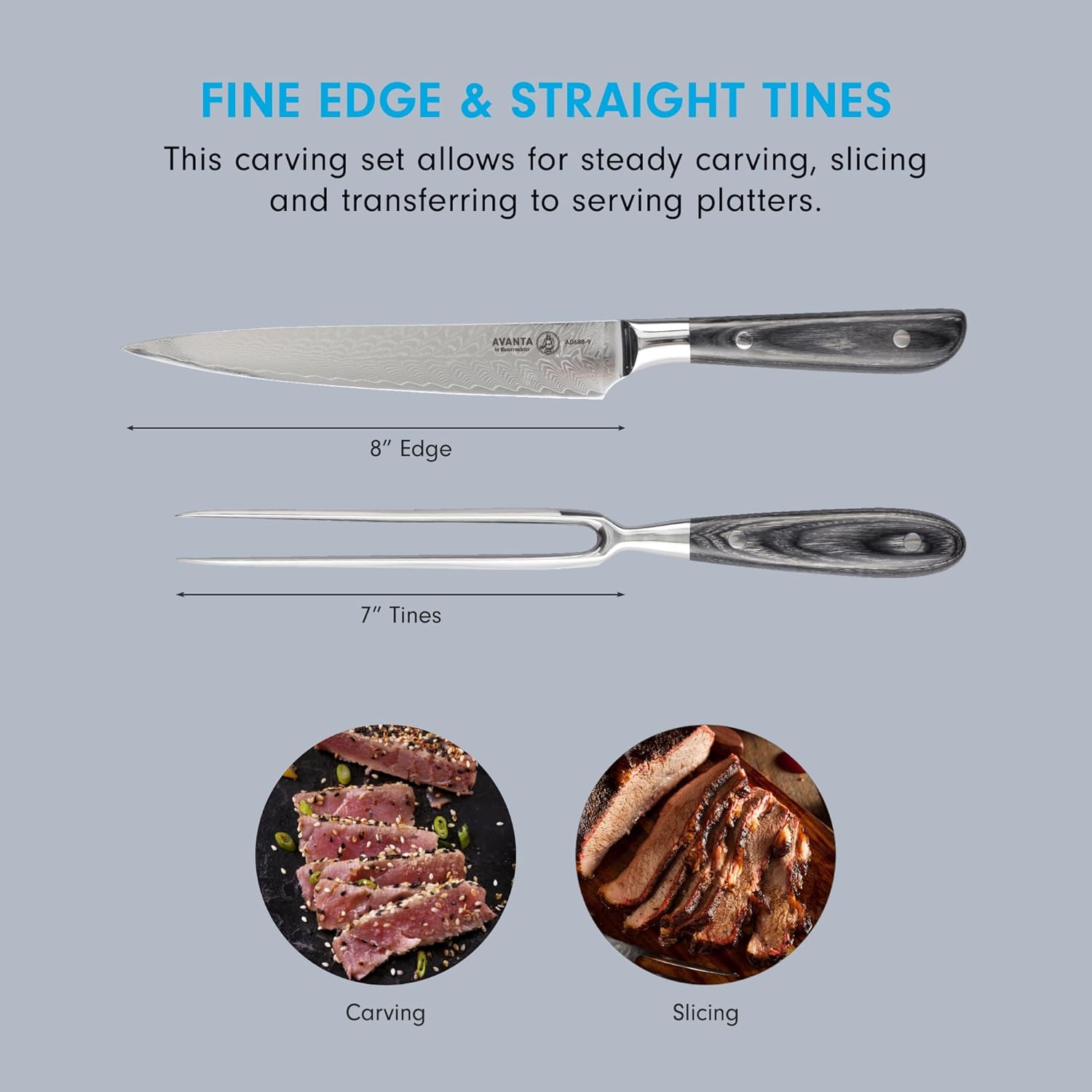 Carving knife and fork set with measurements and uses accompanied with prepped food on a gray background