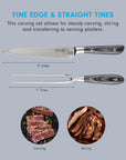 Carving knife and fork set with measurements and uses accompanied with prepped food on a gray background