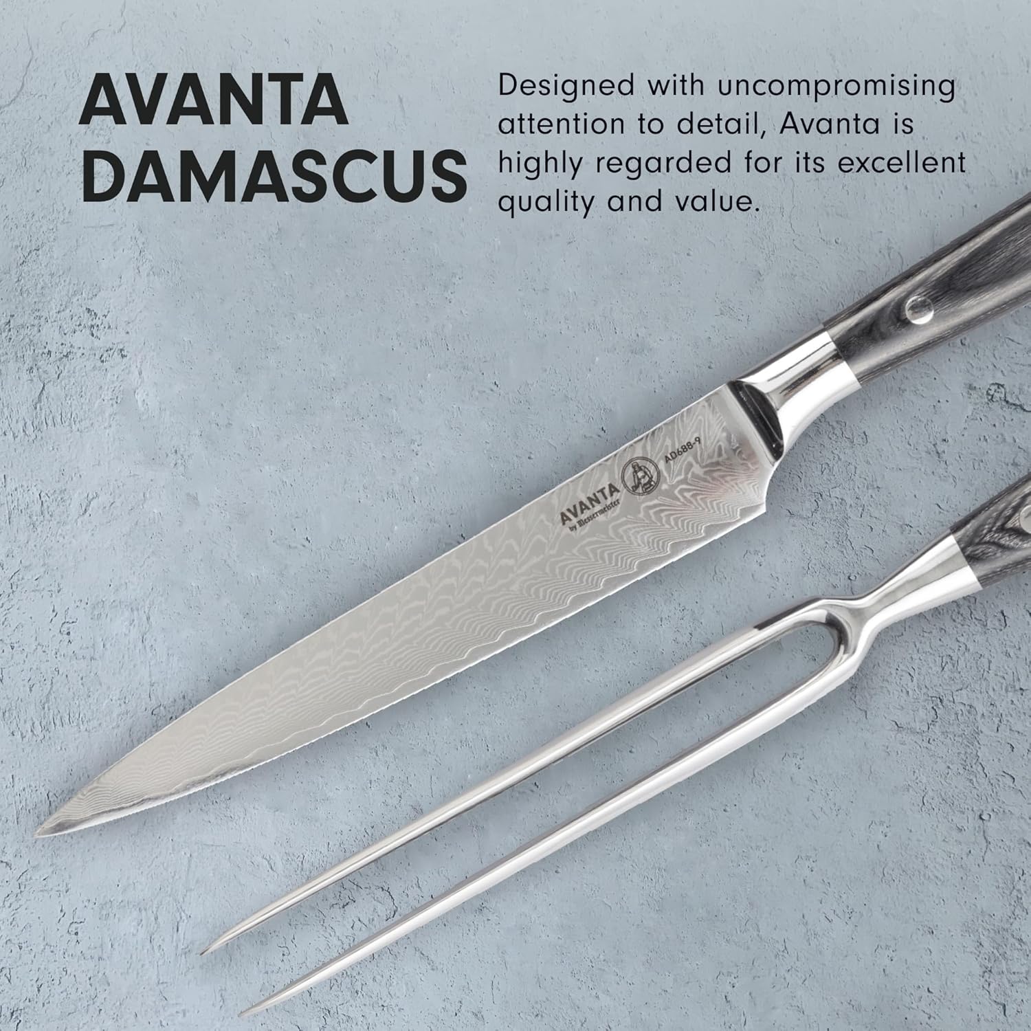 Avanta Damascus knife and fork on a gray background with text about the brand's quality and value.