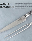 Avanta Damascus knife and fork on a gray background with text about the brand's quality and value.