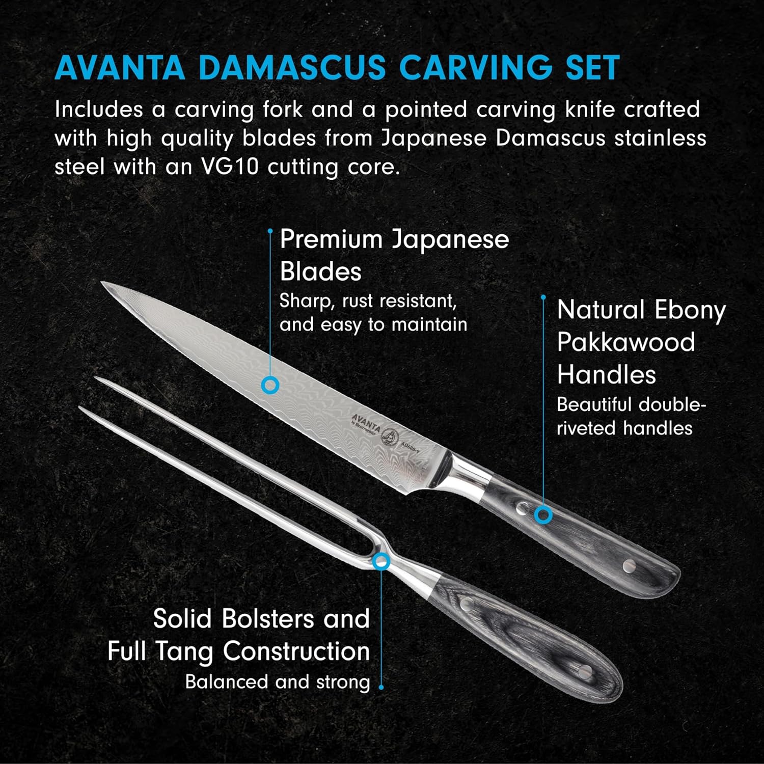 Avanta Damascus carving set with knife and fork with description on a dark background