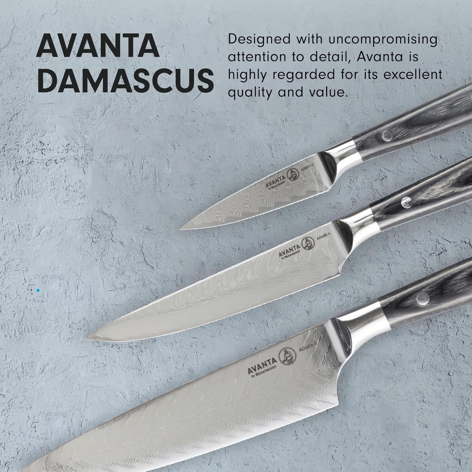 Three Avanta Damascus knives on a textured gray surface with promotional text.
