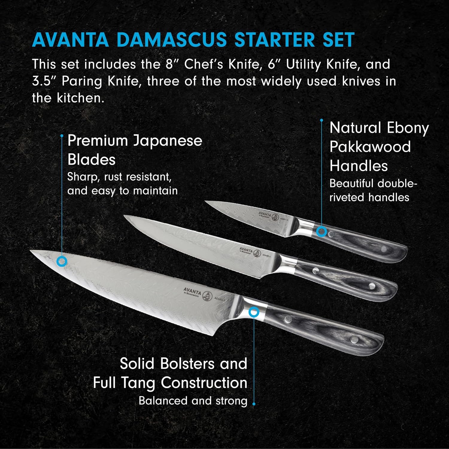 Avanta Damascus starter knife set with three knives on a black background, including details about the blades and handles.