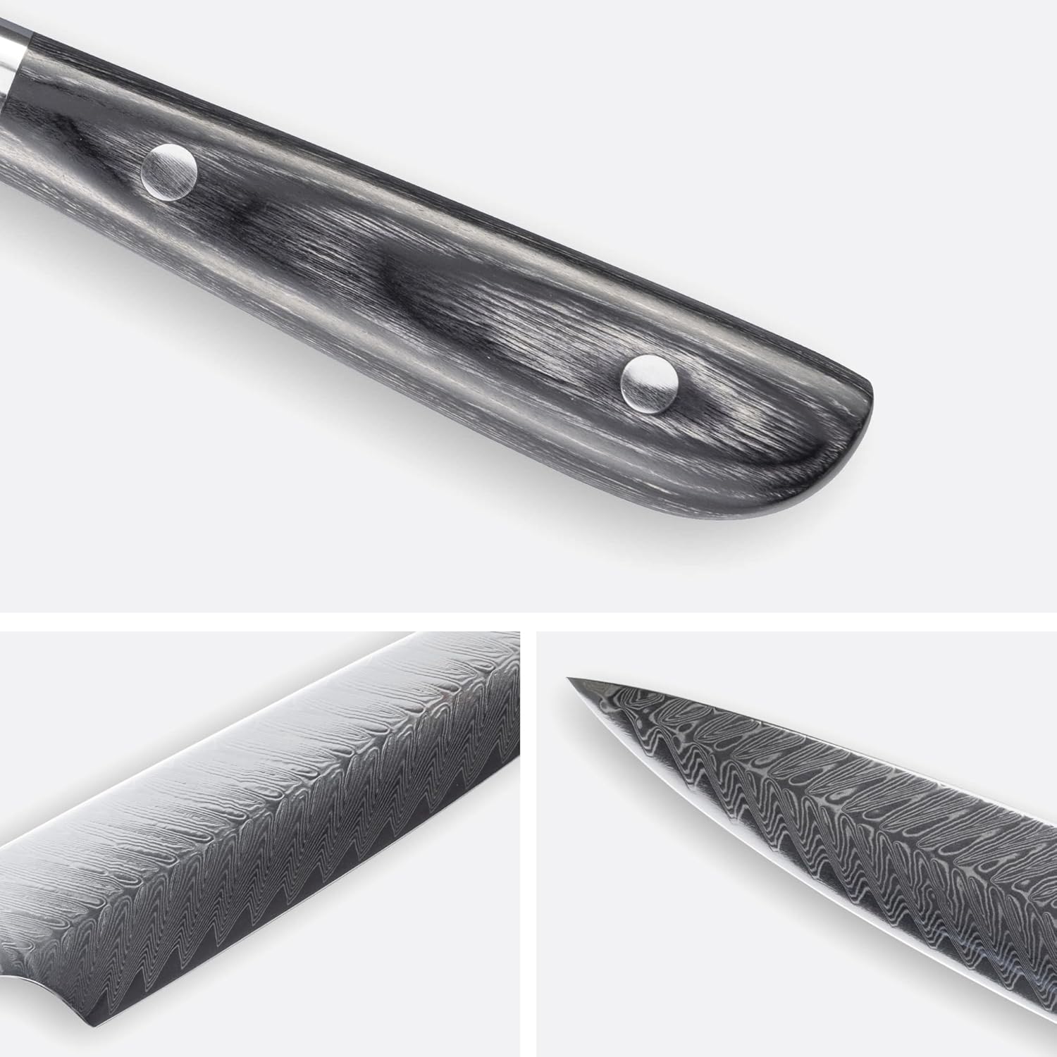Collage of a Damascus knife with detailed patterns on a white background