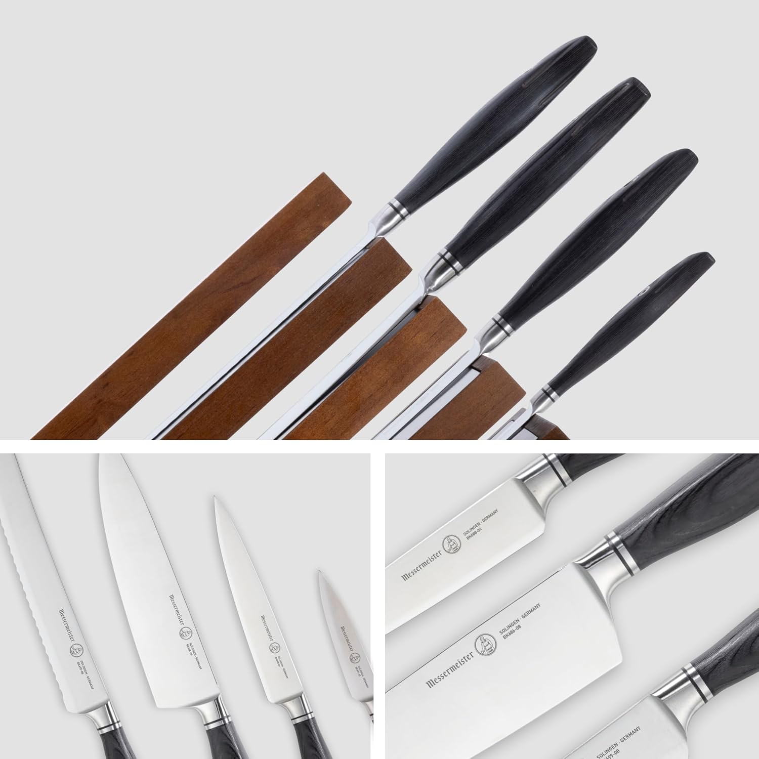 Collage of a set of knives with black handles on a white background