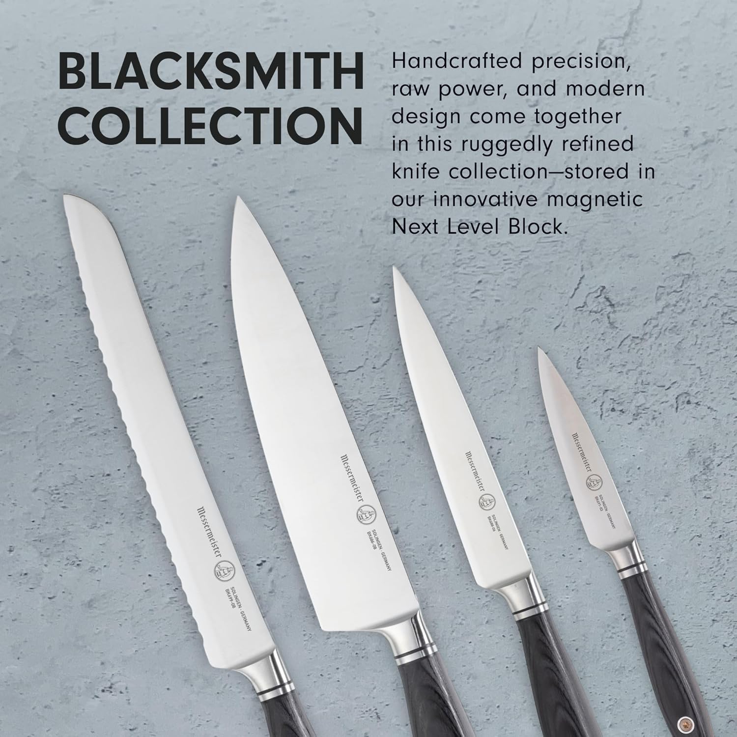 Four knives from the Blacksmith Collection on a gray background with descriptive text.