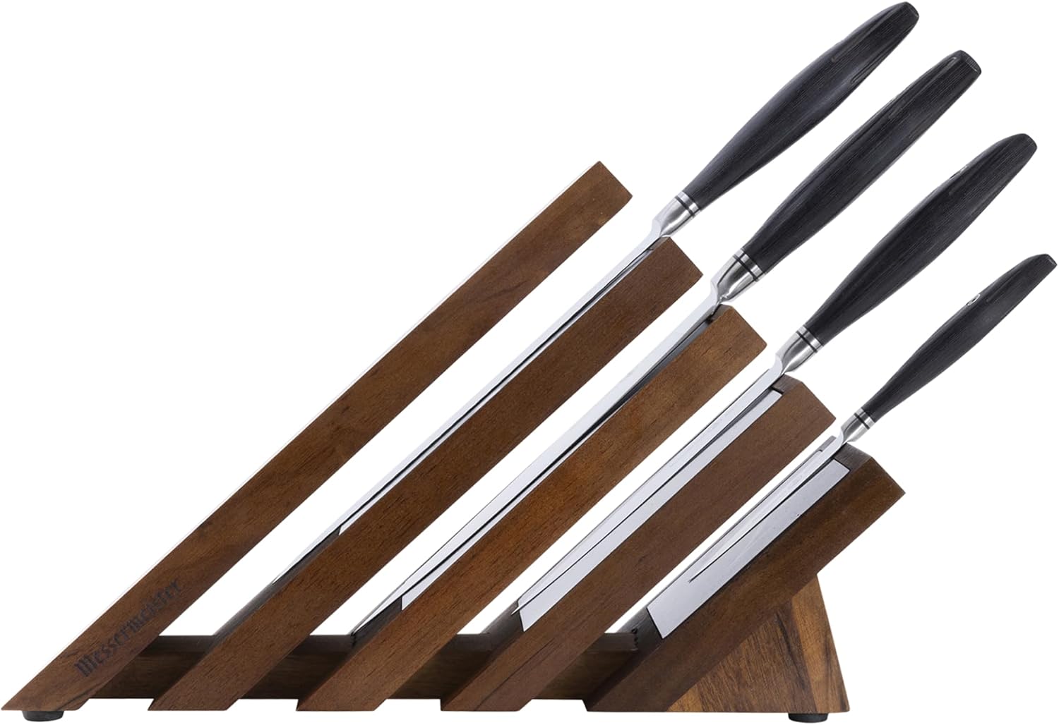 Set of knives stored within a block on a white background