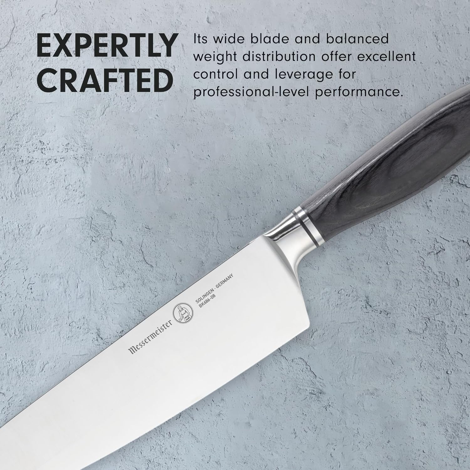 Knife with a brand logo on a gray background, text about expertly crafted design.