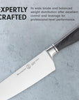 Knife with a brand logo on a gray background, text about expertly crafted design.