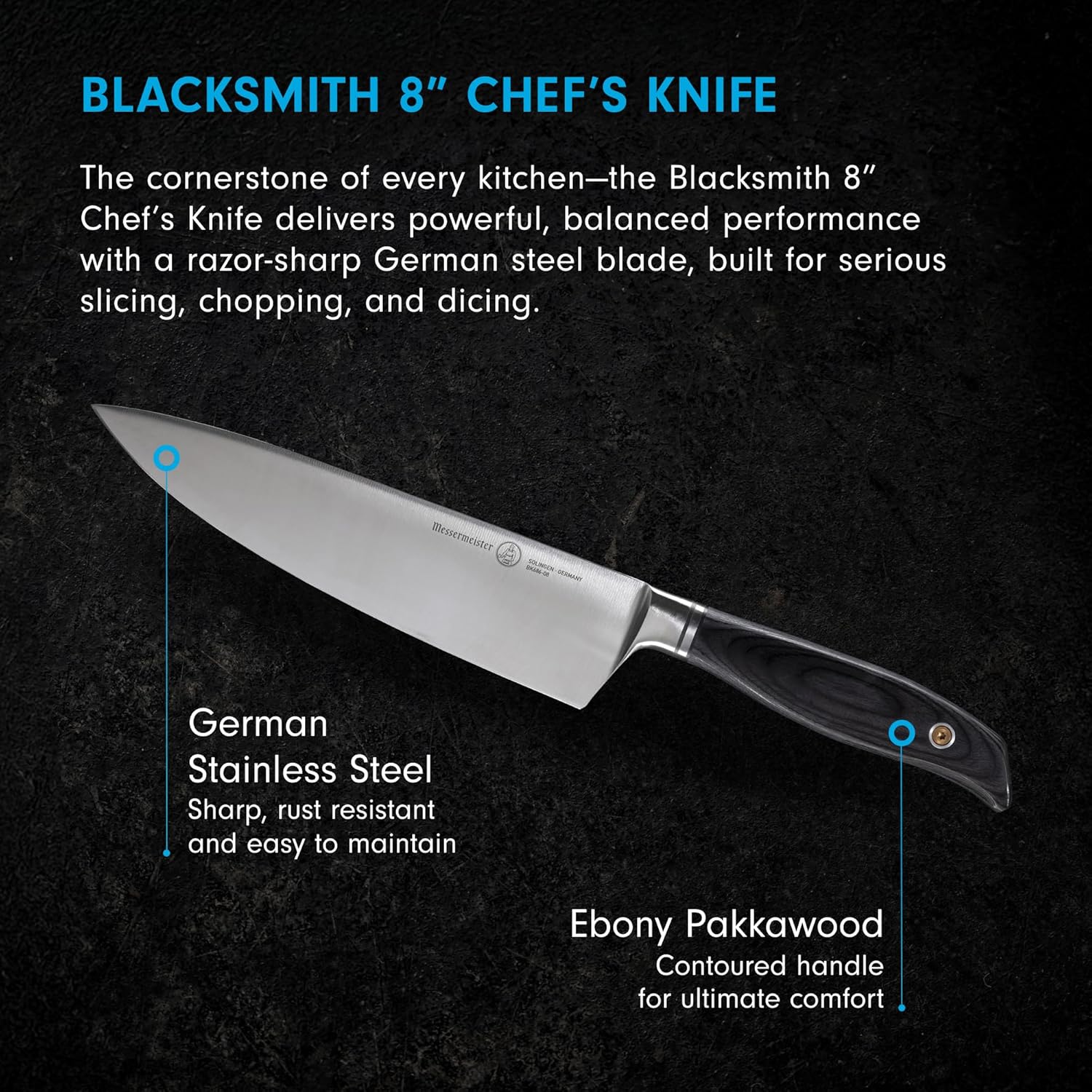 Blacksmith 8" Chef's Knife with text on a dark background