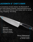 Blacksmith 8" Chef's Knife with text on a dark background