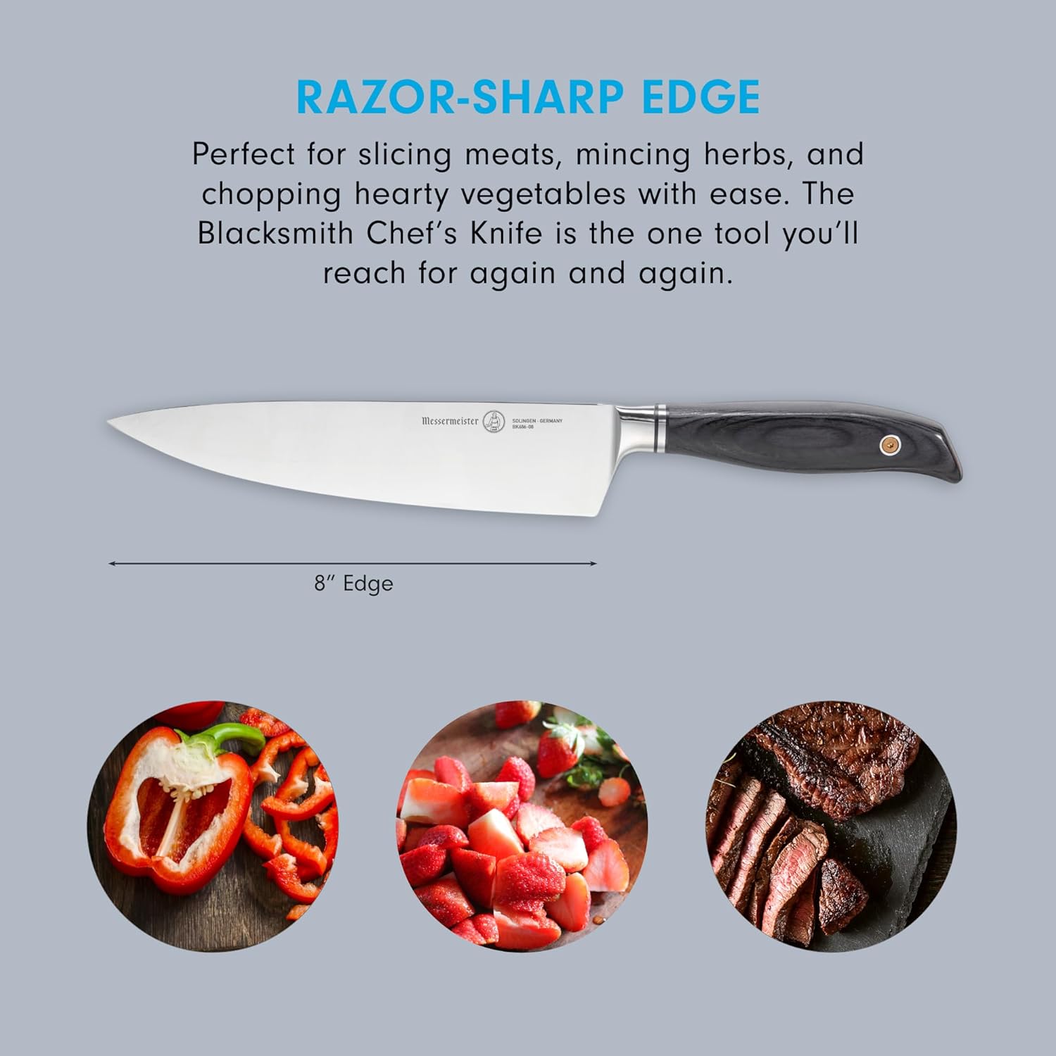 Chef's Knife with text about its use and features accompanied with images of food on a gray background