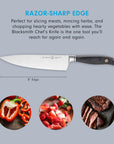 Chef's Knife with text about its use and features accompanied with images of food on a gray background