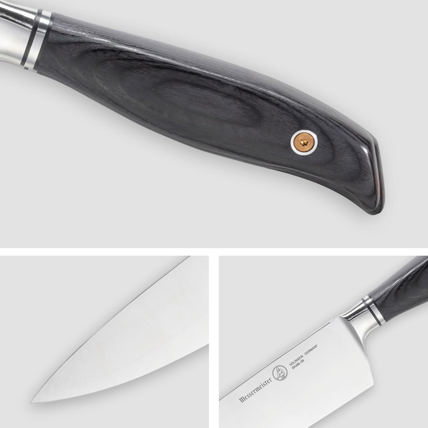 Collage of close-up of a knife with a black handle on a white background