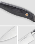 Collage of close-up of a knife with a black handle on a white background