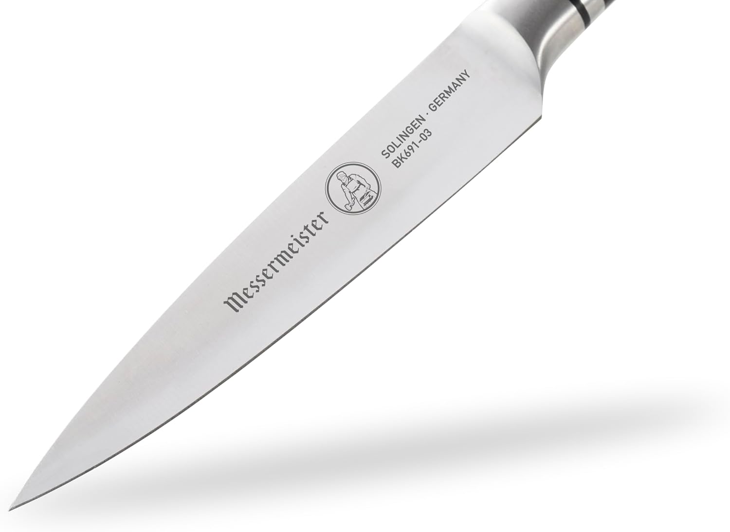 Knife blade with 'Messermeister' branding on a white background