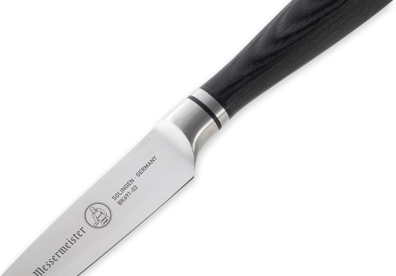 Knife with black handle and visible brand name on a white background