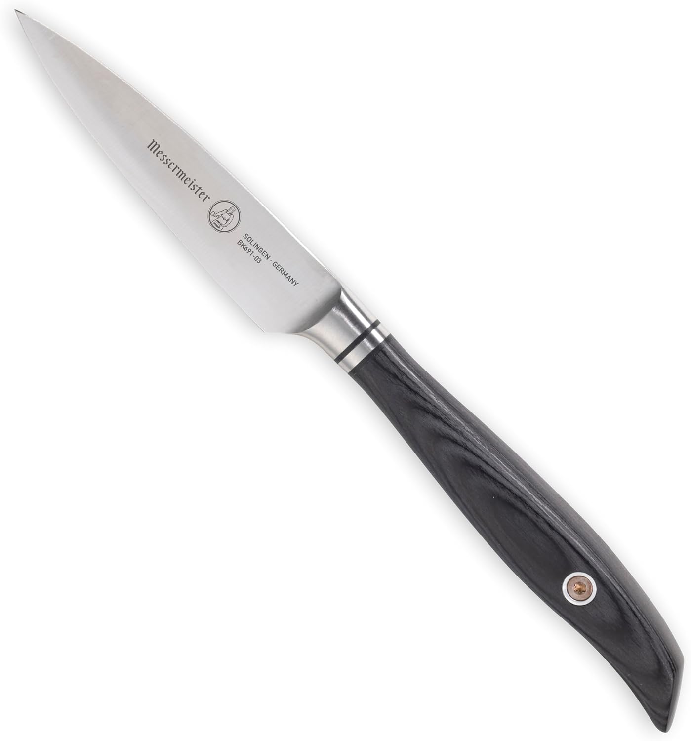 Paring knife with black handle on a white background
