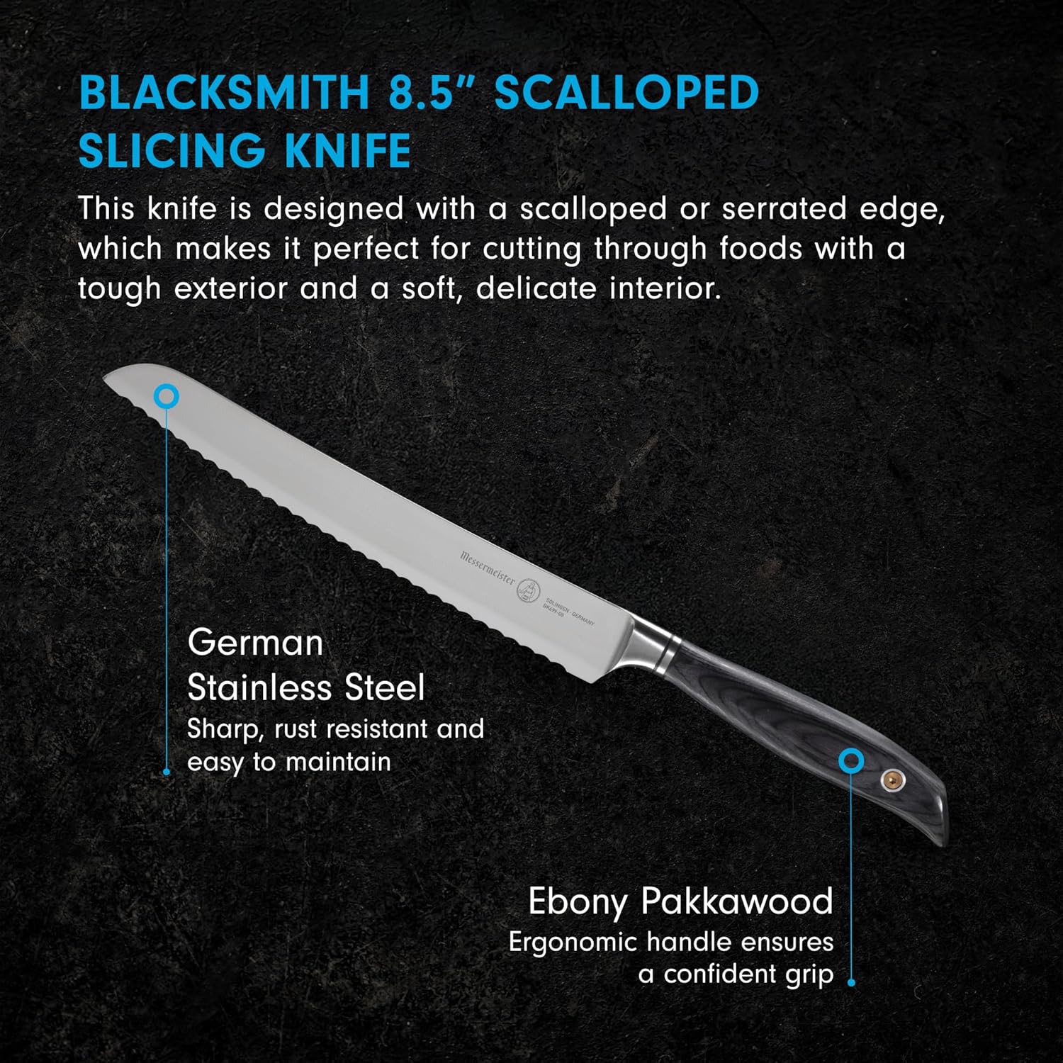 Blacksmith 8.5" scalloped slicing knife with text on a dark background